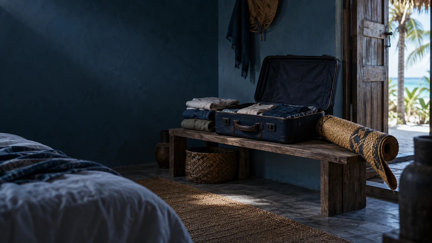 A rolled mat rests beside an open suitcase, near a door to the sea.