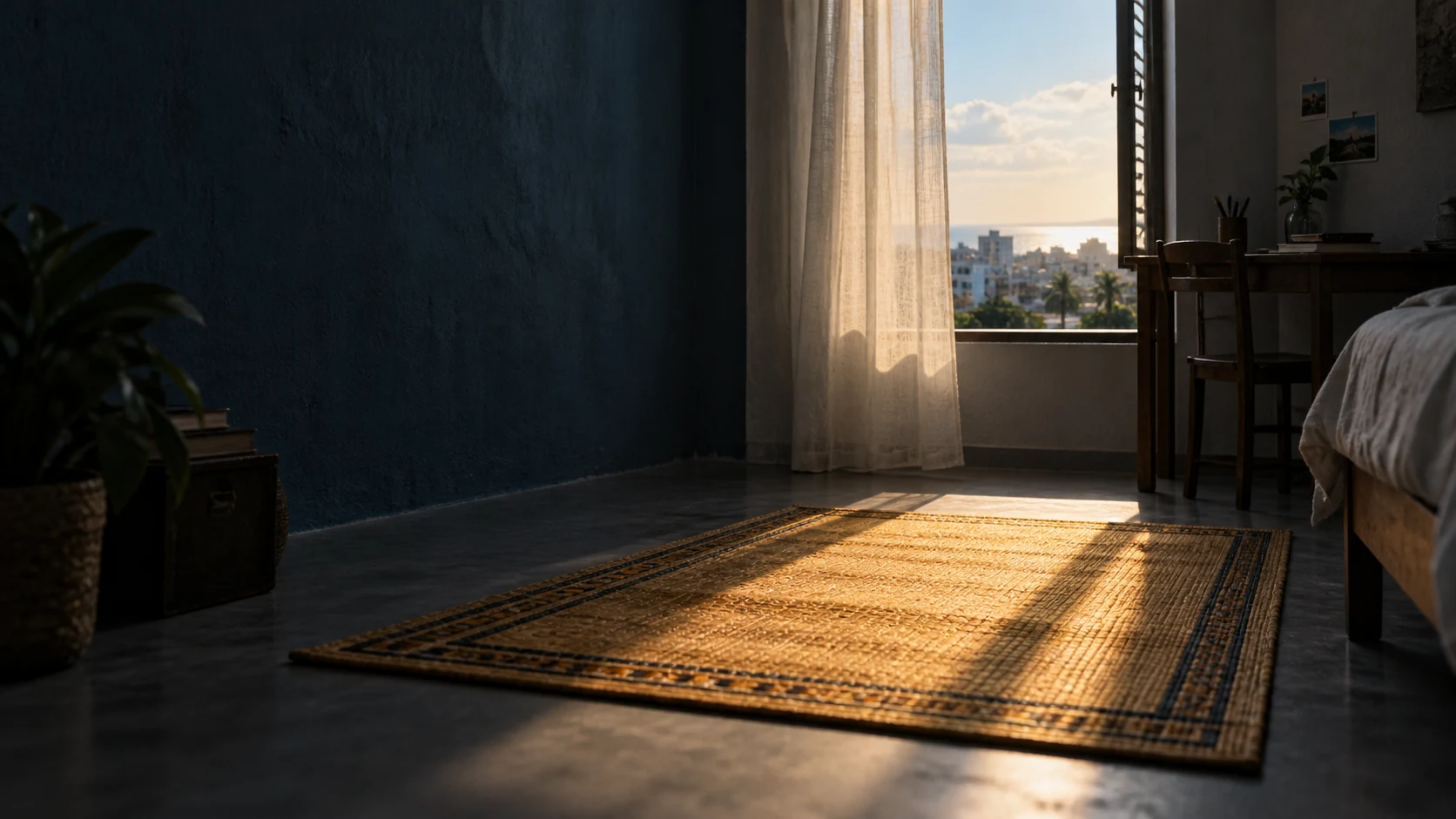 A reed mat unrolled in a patch of sunlight beside the window of a small new room.